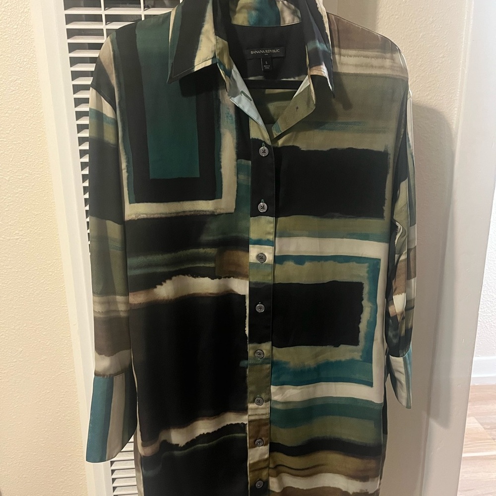 Banana Republic High Low Dress - Black and Green Geometric